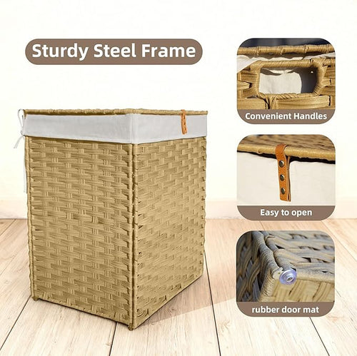 130L Foldable Outdoor Wicker Storage Basket with Lid - Patio Storage Hamper with Removable,Machine Washable 2-Compartment Liner & Handles for Clothes,Pillows,Bedding(Yellow)
