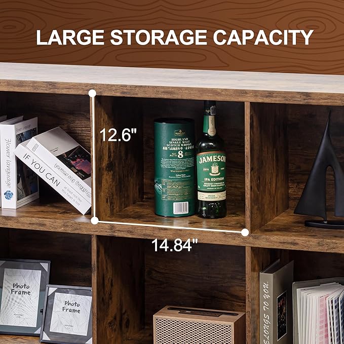 8 Cube Storage Organizer Bookshelf, Industrial Horizontal Bookcase, Accent Cubby Shelf, Media Console Table for Living Room, Home Office, 13.6" D x 63" W x 30.9" H, Rustic Brown