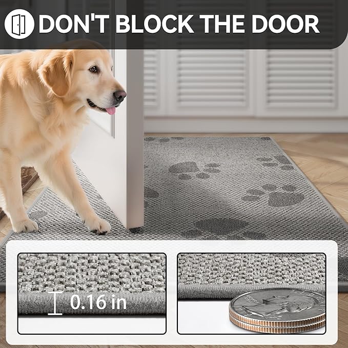 Door Mat Indoor Entrance 17"x30", 0.16" Thin Paw Print Low Pile Doormat, Non Slip Welcome Mat, Trap Dirt and Moisture, Easy Clean, Gray
