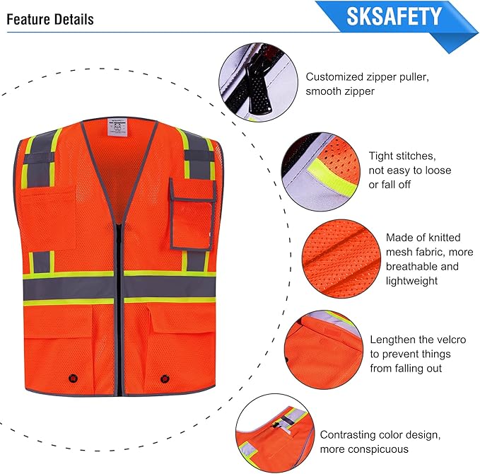 SKSAFETY 10 Pockets Safety Vest, Class 2 High Visibility Security with Zipper Double-sided mesh, Hi Vis Vest with Reflective Strips, ANSI/ISEA Standard, Construction Work Vest （Orange, M）