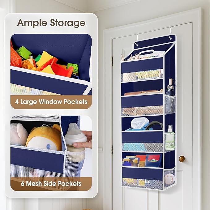 2 Pack Over The Door Organizer, Hanging Storage Organizer with Clear Window, 40lb Ultra Sturdy Large Capacity Room Organizer for Pantry Laundry Bathroom Nursery Closet (Blue)