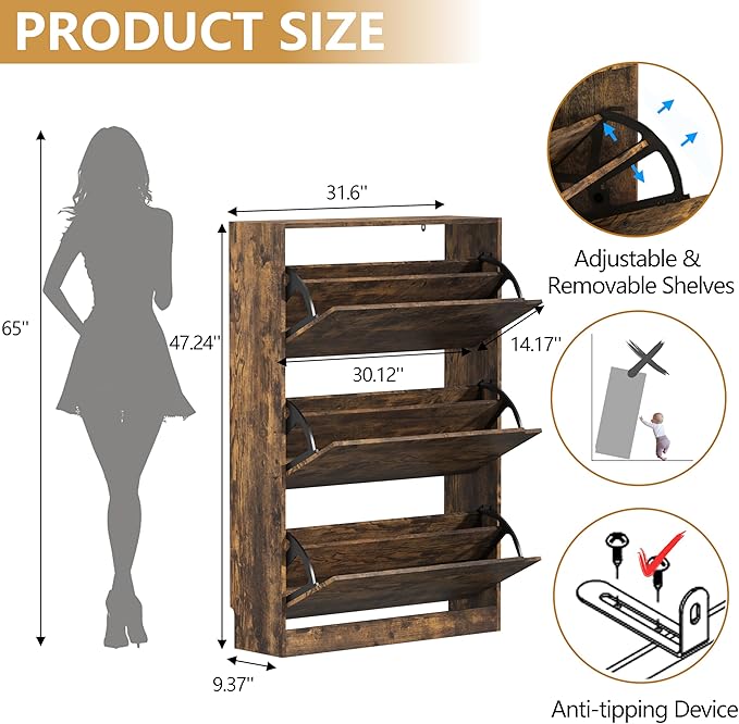 Shoe Cabinet with 3 Flip Drawers, 47" Slim Hidden Wood Shoe Storage Cabinet with Adjustable Shelf, Freestanding Narrow Shoe Rack Organizer for Entryway, Hallway, Brown