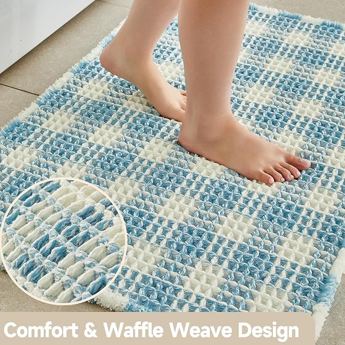Waffle Runner Rug Bathroom, Long Boho Bathroom Rugs Non Slip Washable Absorbent Checkered Bathroom Mat Quick Dry Cute Bath Mat, 72"x24" Blue and White