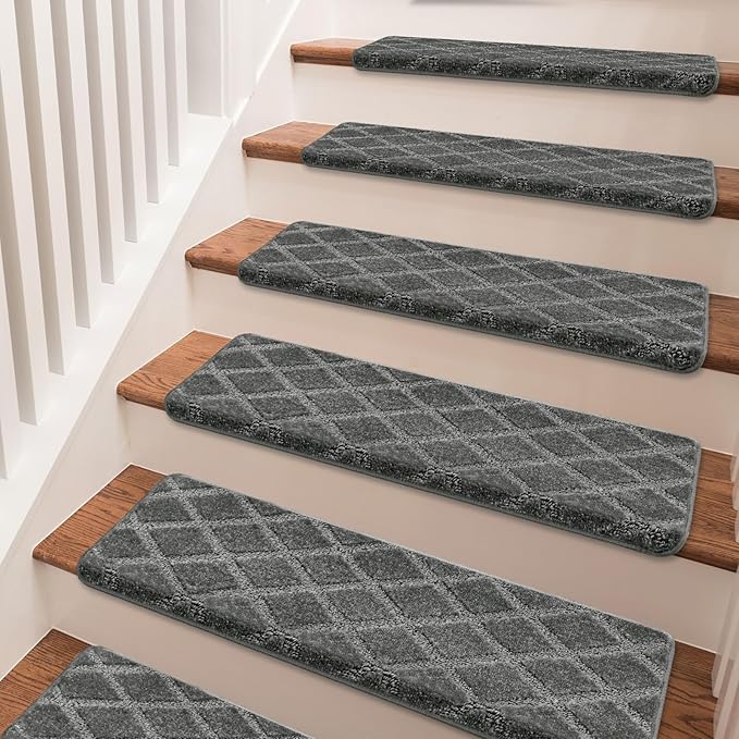 PURE ERA Bullnose Carpet Stair Treads Set Tape Free Non-Slip Indoor Stair Protectors Pet Friendly Rugs 9.5" x 30"(2 Pieces,Grey Diamond Trellis)