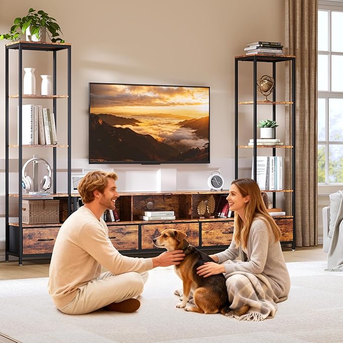 Entertainment Center with Storage, TV Stand for TVs Up to 70", with 5-Tier Bookshelf, 5 Fabric Drawers & Power Outlet, Modern LED TV Console Table, Media Center for Living Room Bedroom Home Office
