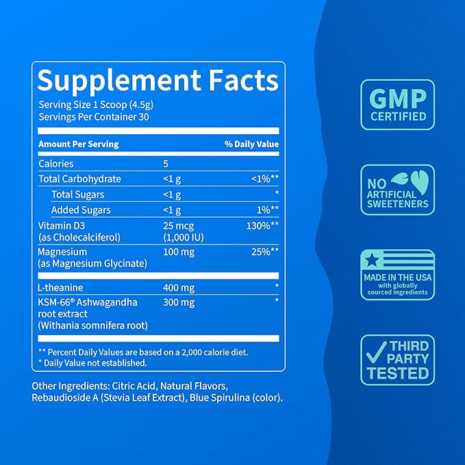 Nello Supercalm Powdered Drink Mix Tub, Cortisol Reducer* and Sleep Aid Supplement, L Theanine, Ksm-66 Ashwagandha, Magnesium Glycinate, Vitamin D 3, No Sugar, Non GMO, On The Go, 30 Ct, Blue Coconut