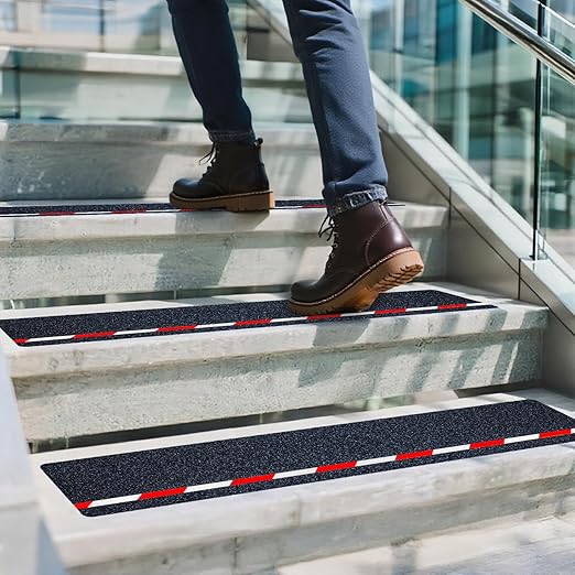 LifeGrip Anti Slip Stair Treads with Reflective Stripe (10-Pack), 8" X 32", Ourdoor Grip Tape Non Slip, Waterproof Safety Non Skid Tape, High Traction Friction Abrasive Adhesive for Step, Red/White