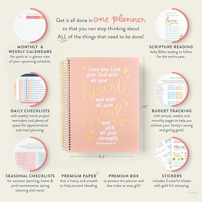 PPP Home Planner 2026 | 12-Month Weekly Calendar (Sunday Start) | Monthly Review & Seasonal Checklists | Budgeting & Savings Worksheets | Daily Bible Reading Plan | Checklists for Routines and Goals
