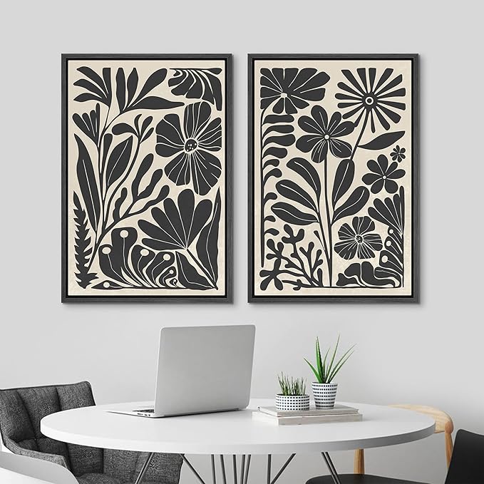 MUDECOR Framed Canvas Wall Art Abstract Floral Botanical Prints Minimalist Modern Art Boho Wall Decor for Bedroom - 16"x24"x2 Black