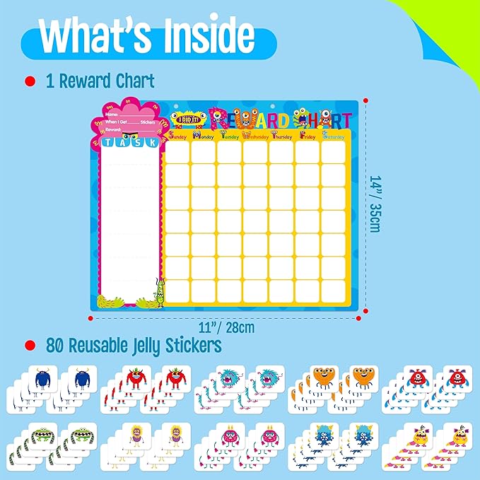 Magnetic Daily Chore Chart, Dry Erase Task Board-One Chart & 80 Jelly Stickers, Behavior Reward Chart System Monster-Themed Behavior Tracker for Kids’ Daily Routine, Potty Training