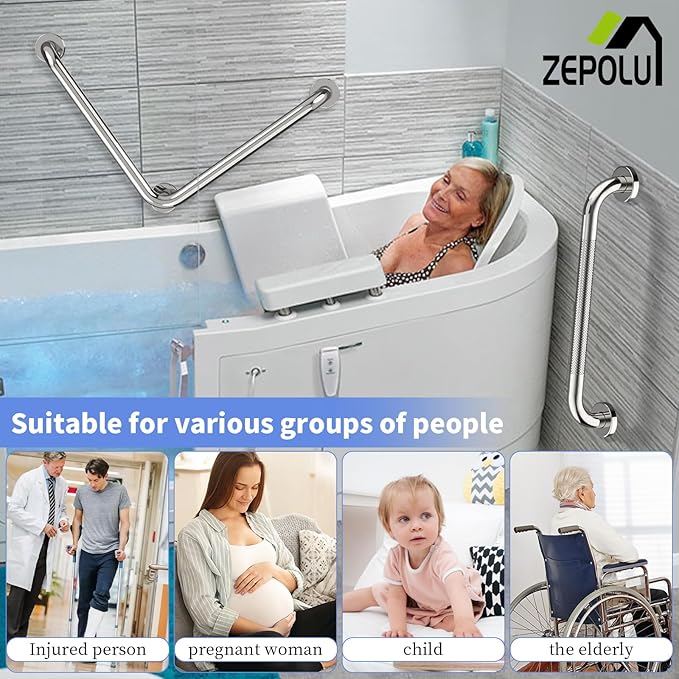 Polished Chrome L-Shaped Grab Bar 16x16 Inch + Knurled Shower Grab Rail 20 Inch, Zepolu Stainless Steel Angled Toilet Safety Bar, Bathroom Mobility Aid Handrail, Balance Support Assist Bar for Senior