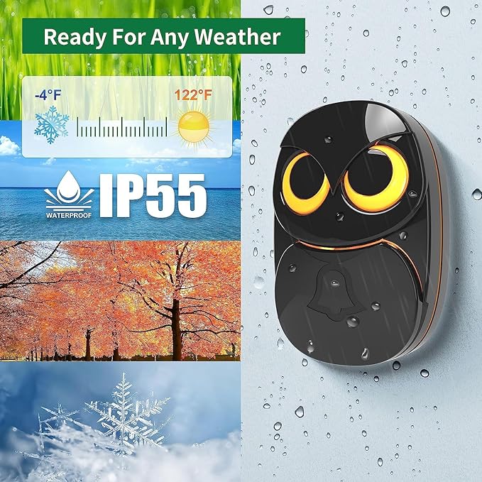 Wireless Doorbell, Cute Owl Doorbell Weatherproof IP55 Outdoor Remote Push Button- 1000 feet Long Wireless Range- 35 Classic Melodies Optional,5 Volume Levels & LED Flash-2Receivers+1Transmitter,Black