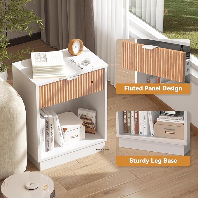 Fluted Night Stand Set 2, Large Wood Bedside Table Set of 2 Nightstands Set of 2 with Drawer and Storage Shelf for Bedroom, Small Spaces