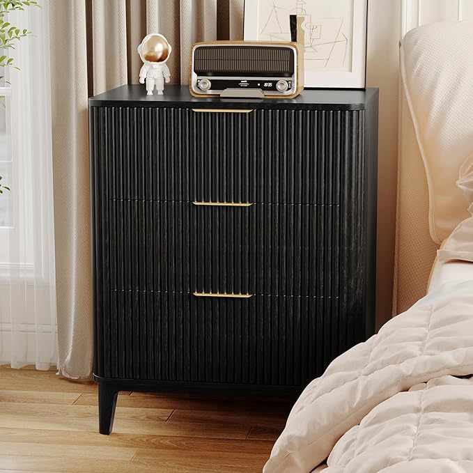23.6" Mid Century Modern Night Stand with 3 Drawers, Large 3 Drawers Bedside Table with Quiet Drawers & Metal Handles, Fluted 3-Drawer Dresser Rustic Wood 3 Drawer Storage End Table Bedroom Black