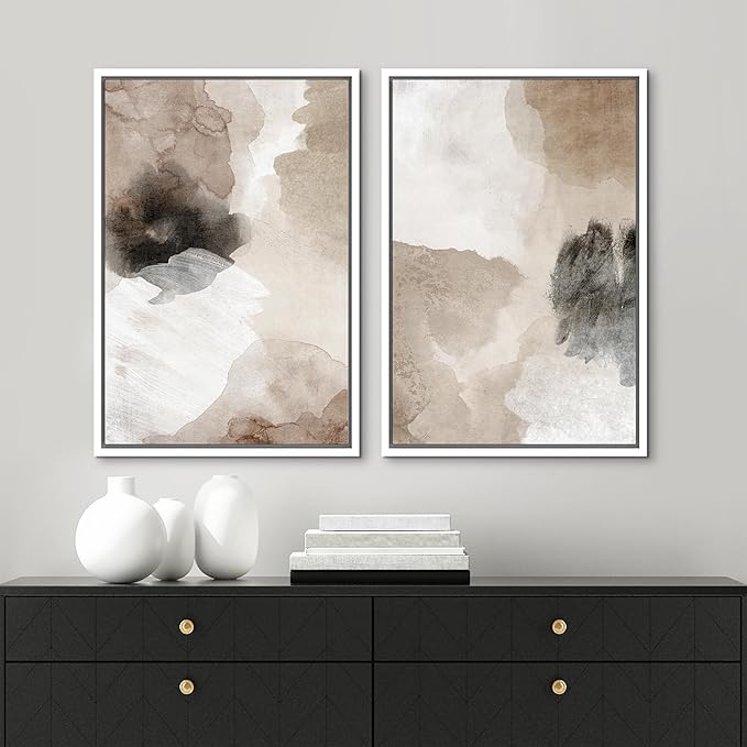 MUDECOR Framed Canvas Print Wall Art Watercolor Brown White Black Collage Abstract Shape Illustrations Modern Art Decorative Bohemian Colorful Chic for Living Room, Bedroom, Office - 16"x24"x2 White