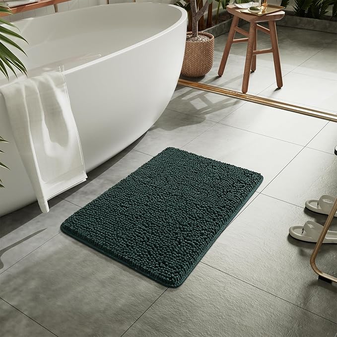 LOCHAS Luxury Bathroom Rug Shaggy Bath Mat 24 x 17 Inch, Washable Non Slip Bath Rugs for Bathroom Shower, Soft Plush Chenille Absorbent Carpets Mats, Hunter Green