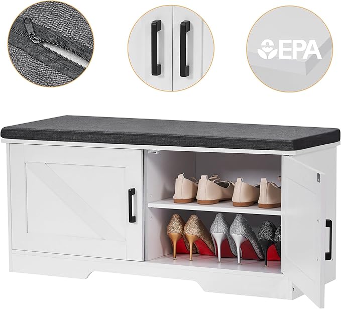 2-Tier Storage Bench, 39.4" Wide Shoe Bench with Padded Seat Cushion, Entryway Bench with 2 Barn Doors and Adjustable Shelf, White