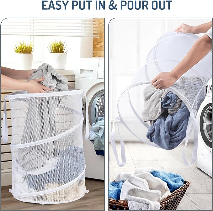 Mesh Popup Laundry Hamper 115L Collapsible Laundry Basket Extra Large Capacity Foldable Clothing Storage Basket with Handles No Lid 26 H x 18 W x 18 L (White)