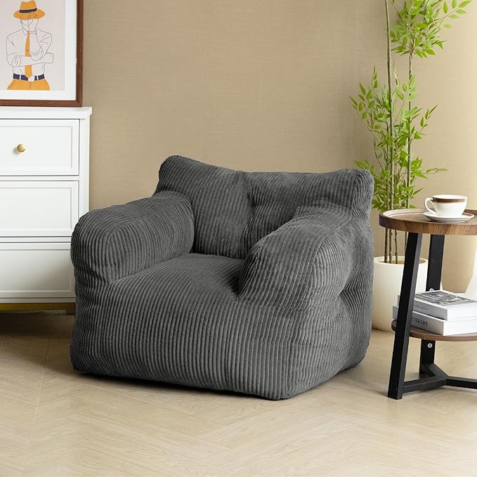 32" Bean Bag Chair,Loveseat Sofa,Corduroy Lazy Sofa Bed for Adults,Fit Living Room, Bedroom,Outdoor Spaces,Ultra Soft Dutch Velvet,Fluffy Comfort Washable Cover,72h Rebound,Grey