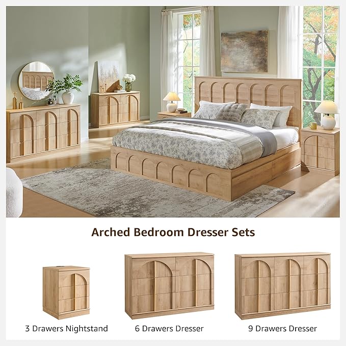 ACCOHOHO Modern Night Stand Set 2 with Arched Panel, 18" Nightstand with Charging Station, Side Table with 3 Storage Drawers, Wood Square Bedside End Table for Bedroom Living Room, Natural Oak