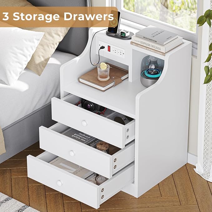 ADORNEVE Night Stand Set 2,White Nightstand with Charging Station & Hutch,Night Stands for Bedrooms Set of 2,Bedside Table with Drawers