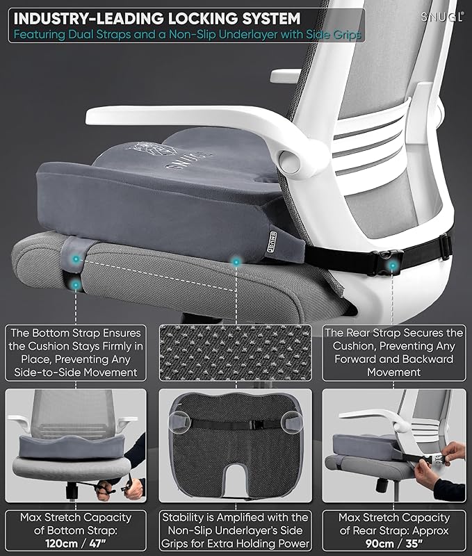 SNUGL Seat Cushion for Tailbone & Back Pain Relief – Orthopedic Memory Foam Coccyx Pillow for Office, Desk & Gaming Chairs – Sciatica & Lower Back Pain Relief, Long Sitting Comfort