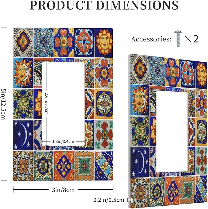 Decorative Outlet Covers Mid Century Talavera Shaped Tiles 1 Gang Single Rocker Light Switch Cover Plate Wall Plates GFCI Faceplate for Bedroom Bathroom Decor