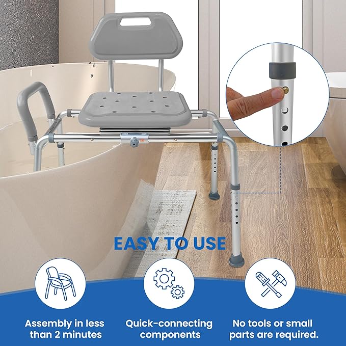 Gateway Premium Sliding Bath Transfer Bench with Swivel Seat-Padded (Gray)