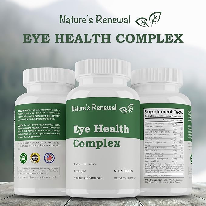 Nature's Renewal Eye Health Complex Supplement - Lutein, Zeaxanthin, Lycopene, Bilberry, Eyebright, Carotenoids, Macular Support Herbs, Sight Care Vitamins, Vision Antioxidants - 60 Capsules