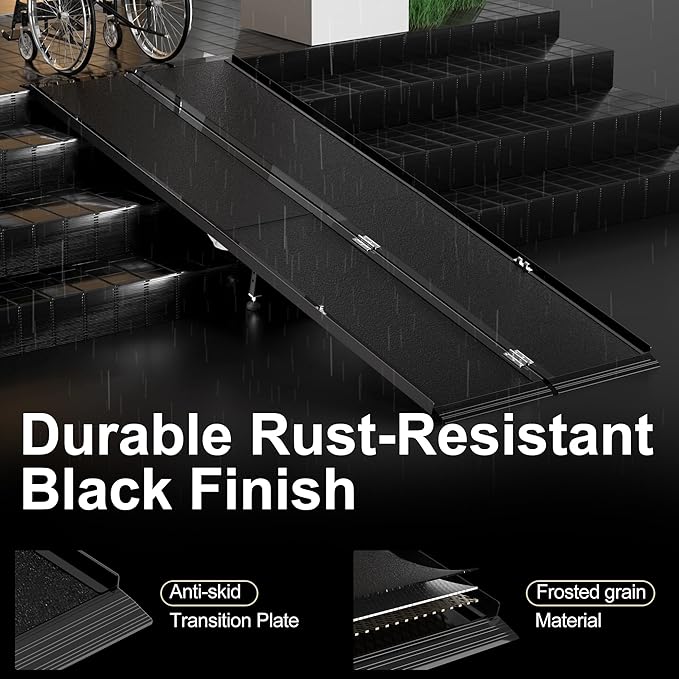 7 Feet Portable Wheelchair Ramp with Sopport Legsk, Black Seamless Non-Slip Aluminum Folding Handicap Ramp,Threshold Ramp for Doorways, Wheel Chair Ramp for Home Steps