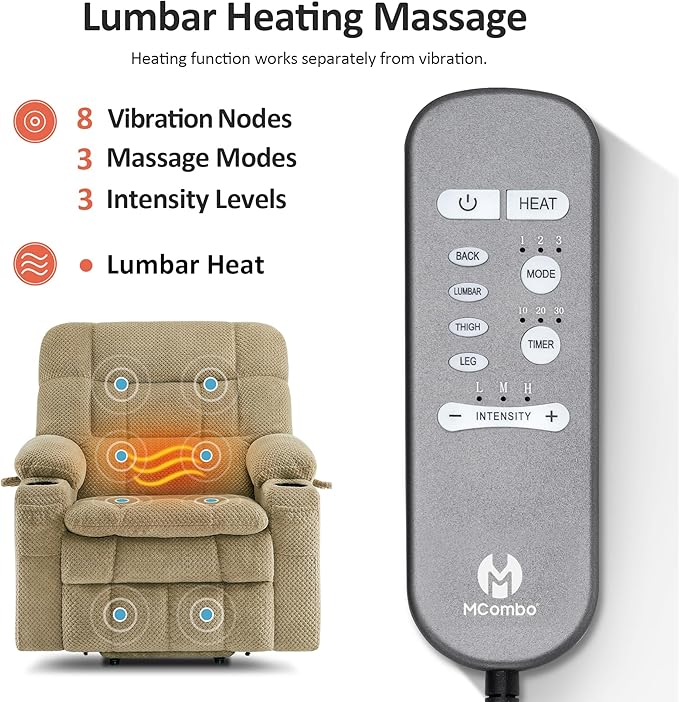 MCombo Dual Motor Power Lift Recliner Chair for Elderly, Lay Flat Lift Chair with Heat and Massage, Petite Wide Lift Chair, Cup Holders, USB A&C Ports, Fabric R7894 (Small-Wide, Beige)
