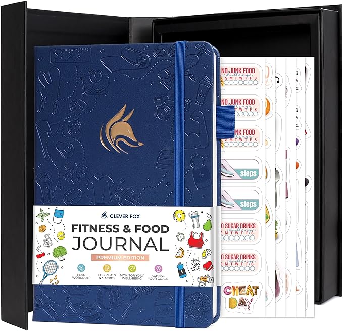 Clever Fox Fitness and Food Journal Premium – Guided Daily Workout, Meal & Weight Loss Tracker for Women & Men – Exercise Diet Planner (Mystic Blue)