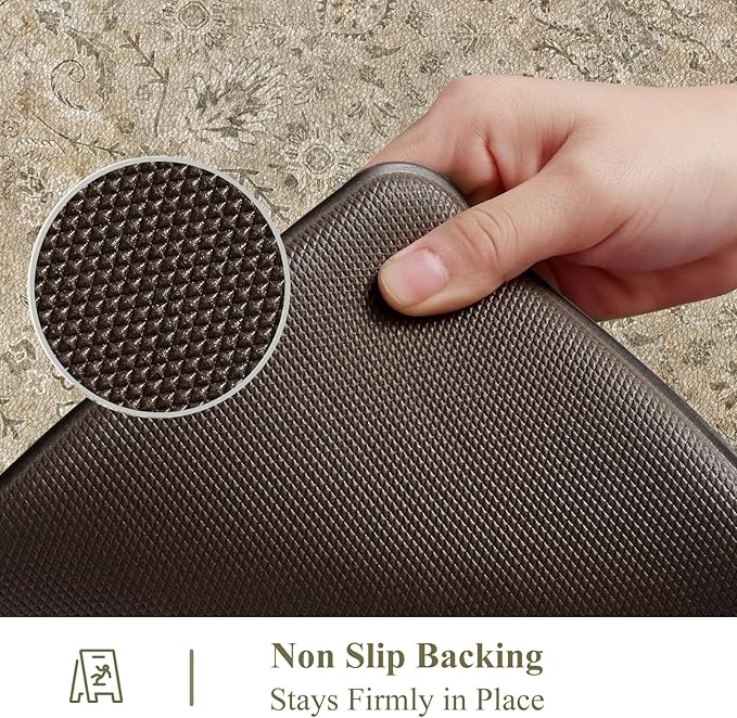 Collive Anti Fatigue Kitchen Mats for Floor, Waterproof Kitchens Sink Rugs Cushioned Comfort Standing Desk Mat, Khaki Vintage Non Slip Floral Foam Rug for Laundry, House, Office, 17.3''x28''