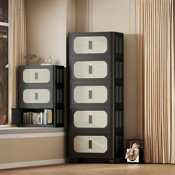 4 Tiers Folding Storage Cabinet,20" Side Wide Stackable Storage Bins with Doors and Wheels, Space Saving Plastic Cabinet for Living Room, Office, Dorm, Retro Black