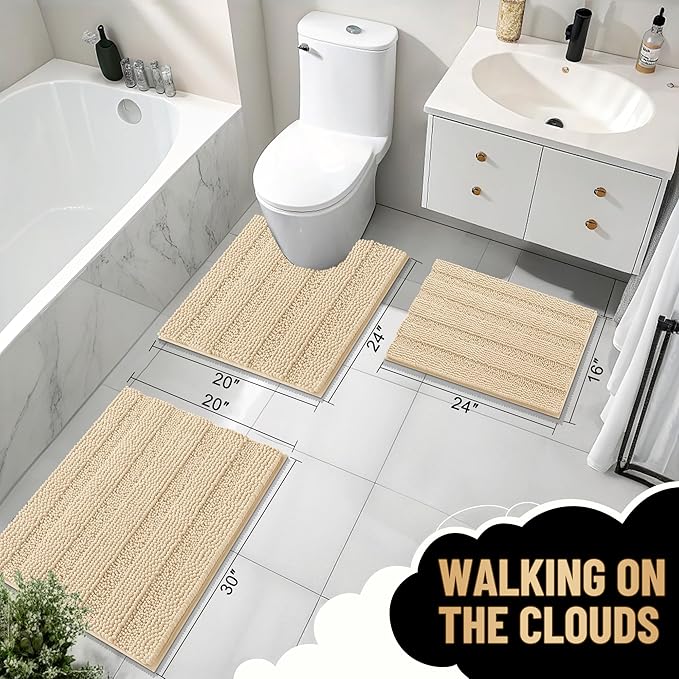 OLANLY Thick Toilet Rugs U-Shaped 24x20, Extra Soft Absorbent Chenille Striped Contour Bathroom Rugs for Toilet, Dry Quickly, Machine Washable, Non-Slip Bath Mat, Beige