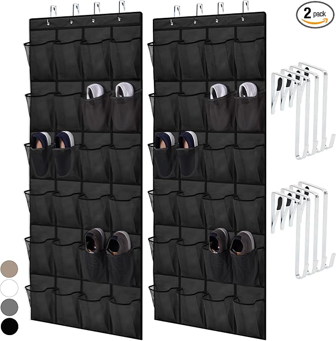 HOME GENIE Over the Door Hanging Shoe Organizer, 2 Pack, 24 Breathable Mesh Pockets, Closet Rack Storage Holder Stay in Place Hooks Hang on Closets, Hanger Holds Up to 40 lbs, Shoes, Accessories Black