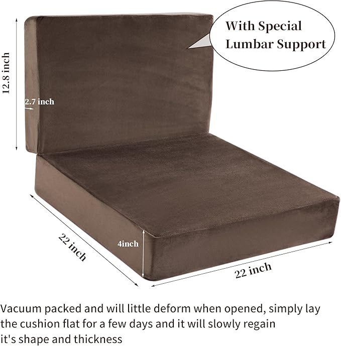 HOMBYS Foam Recliner Chair Cushions for Elderly, 4" Thick Chair Pads with Back Support for Office, Non-Slip Medium Firm Seat Cushion with Lumbar Pillow (Brown, 22"x22"+13" Backrest)