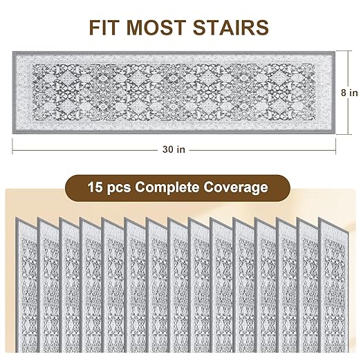 Non Slip Stair Treads for Wooden Steps Indoor, Grey, 15pcs, 30"X8", Soft Carpet Mat, Machine Washable Boho Carpet Treads with Reusable Adhesive Backing, Safety Stair Tread for Dogs, Kids, Elders