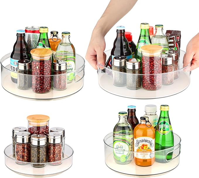 4 Pack Lazy Susan Organizer for Cabinet：Lazy Susan Turntable (8/10/11/12 Inch) with Non-Slip Mat and Handles,Turntable Rack for Kitchen,Pantry,Refrigerator,Bathroom and Vanity Countertop