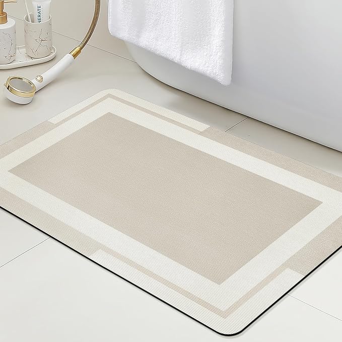 Ultra Thin Bath Mat, Upgrade Backing Non Slip Thin Bath Mats Fit Under Door, Quick Dry Ultra Absorbent Bathroom Rugs, Machine Washable Bath Rugs for Bathroom, Bathtub, Light Beige/Bordered/24"x17"