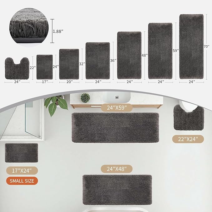 Small Bathroom Rugs 17x24 Non Slip Dark Grey Fluffy Bath Mat for Bathroom Floor Machine Washable Plush Luxury Bath Rug for Tub Soft Shaggy Absorbent Shower Mat