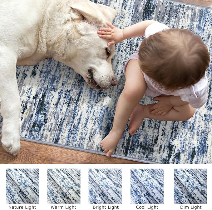Modern Abstract Runner Rug 2.6x12, Grey Blue White Washable Long Kitchen Runner Non-Slip Soft Hallway Rug Runner Thin Print Faux Wool Carpet for Entryway Bedroom Laundry Room Indoor Home Decor