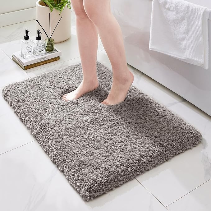 Bathroom Rugs 32x20, Ultra Thick Shaggy Soft Microfiber Absorbent Bath Rug, High Density Foam Latex Non Slip Backing, Machine Washable Bath Mats for Bathroom Floor & Sink, Grey