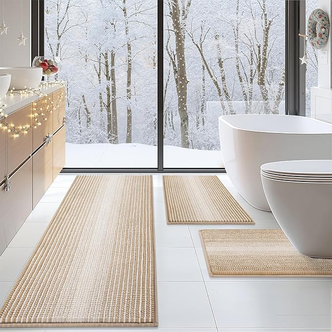 BSICPRO Bathroom Rugs Sets 3 Piece, Toilet Rugs U-Shaped Contour Bath Mat Set, Long Striped Absorbent Non Slip Chenille Shower Mat, Beige