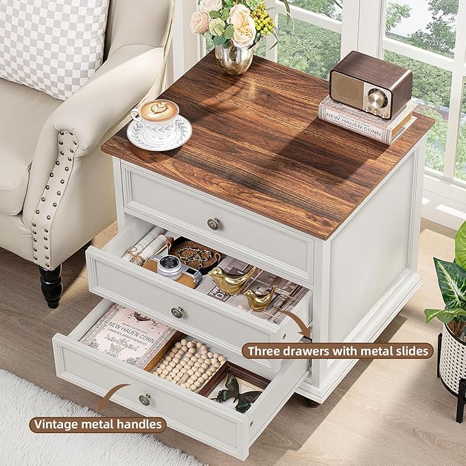 24" Wide Farmhouse Night Stand Set of 2,Large End Table with 3 Drawers & Metal Handle,White Wood Dresser for Bedroom, Bed Side Table Chest of Drawers Cabinet, Nightstand for Living Room,Closet