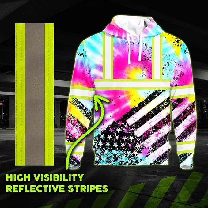 US Flag High Visibility Hoodie for Men Reflective Hoodie Safety Workwear for Worker Runner Patriotic ACC02