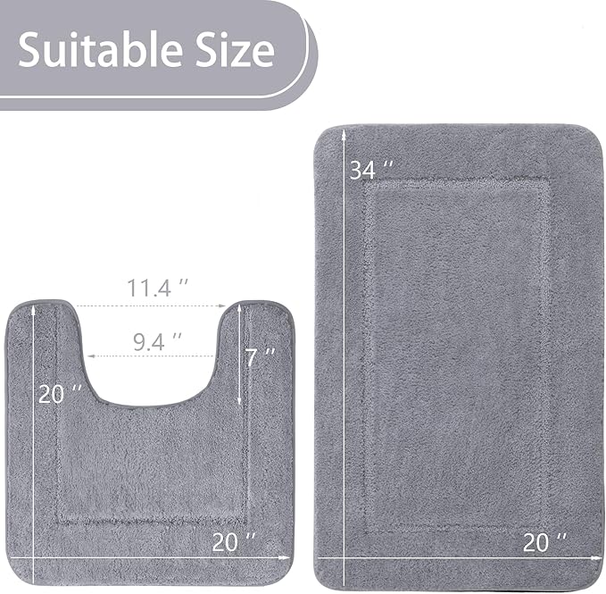 LOCHAS Bathroom Rug Set Light Grey, Soft Bath Rug Set 2 Piece, Toilet Mat U-Shaped 20x20 and 34x20 Bath Rugs, Quickly Dry Mats for Bathroom, Tub, Washable, Super Absorbent Floor Mat