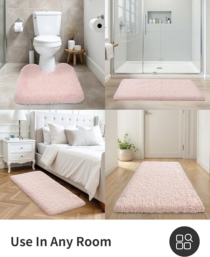 ILANGO Pink Christmas Bathroom Rugs 24" × 17" Non Slip & Super Absorbent Extra Thick Soft, Washable Bath Mat for Floor, Non Shedding Microfiber Plush Holiday Bath Rug with Rubber for Shower Sink