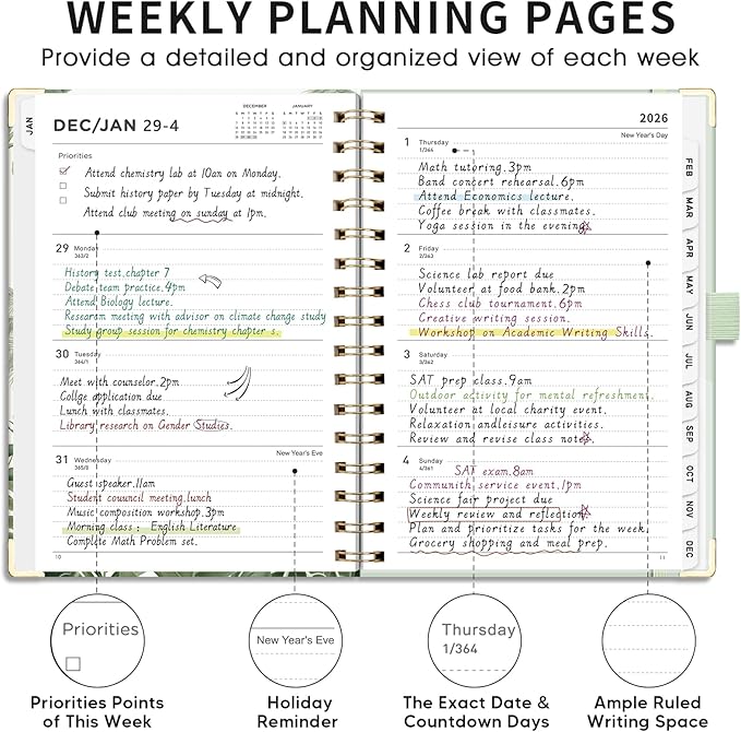 AHGXG 2026 Planner, Weekly and Monthly Planner for Women, Jan 2026 - Dec 2026, Medium Size (5.7" x 8.3"), Calendar 2026, Hardcover with Monthly Tabs, Spiral-Bound, 100 GSM Thick Paper, Green-Forest