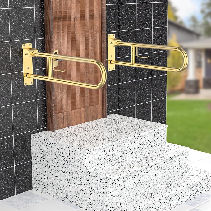 Toilet Grab Bar 30.3 Inch Gold, Munzong Anti-Slip Handicap Grab Bars with Paper Holder, Flip-Up Bathroom Safety Rails, Stainless Steel Knurled Support handrails for Seniors Elderly Disabled Pregnant